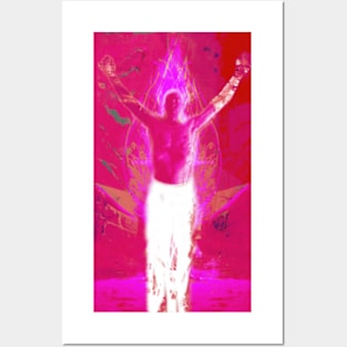 Portrait, digital collage and special processing. Shirtless man, stands. All chakras opened. Mystic. Bright, strong pink. Posters and Art